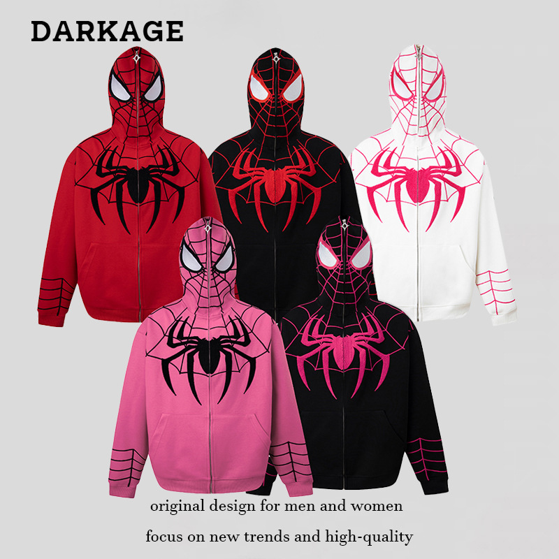 American Style Retro Spider-Man Embroidered Full Zip Cardigan Hooded Sweater for Men and Women Autumn Couple oversize Jacket