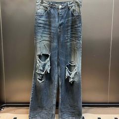 高バージョンのパリb家の青い泥染めは旧家のデニムのズボンの男女の同じタイプのゆったりしたosのジーパンを破壊します。