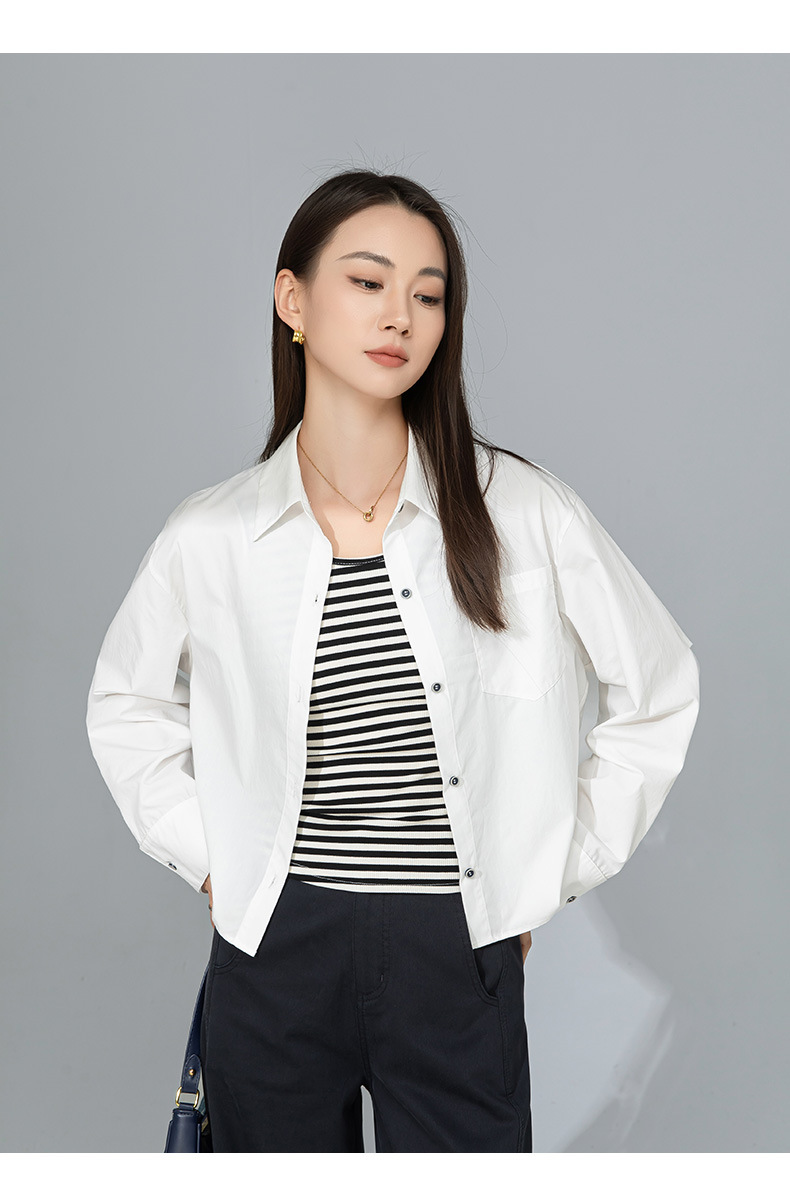Áo sơ mi polo dài tay nữ kiểu Pháp chất cotton thụng, dáng ngắn mặc ngoài cardigan — Xanh nước muối chi tiết 23