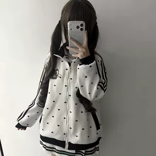 日系复古爱心立领卫衣女秋冬季新款三条杆学院风拉链开衫宽松外套