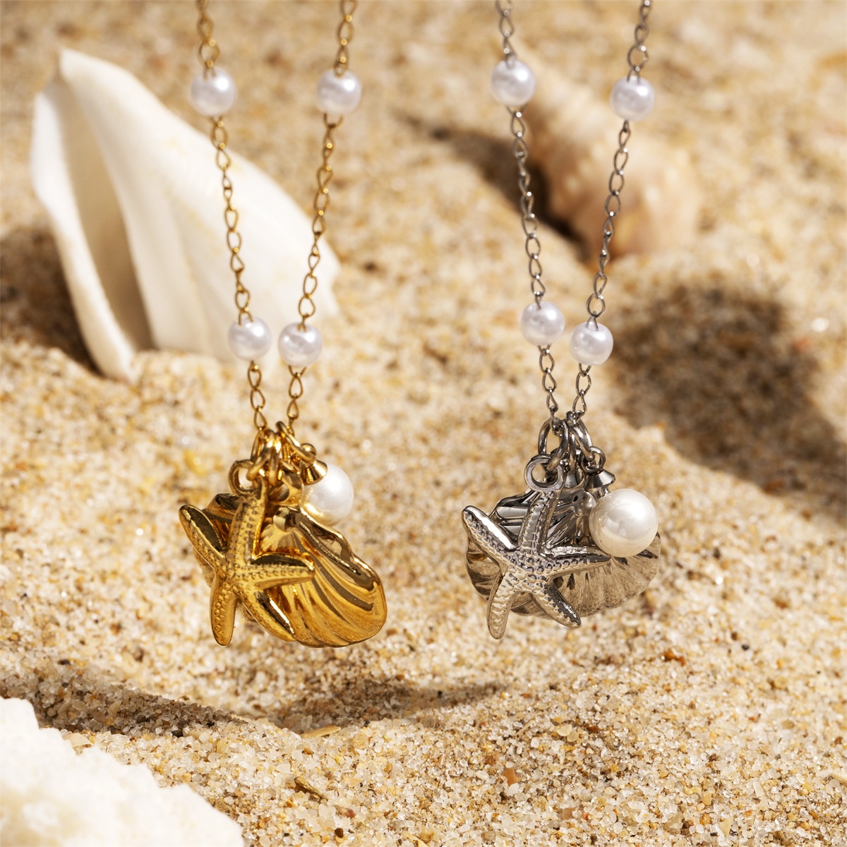 Tena Europa y América Shell Estrella de mar Viento del océano Collar de acero inoxidable Mujer Moda de nicho Estilo de playa Collar de cadena de clavícula