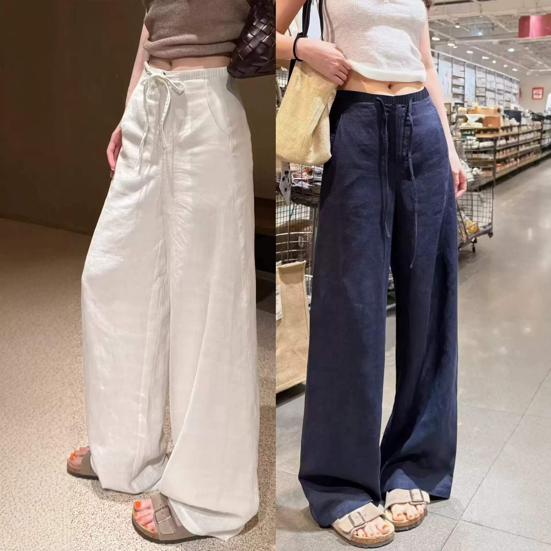 藏青色棉麻感阔腿裤春季薄款2026新款高腰冰丝宽松休闲慵懒直筒裤