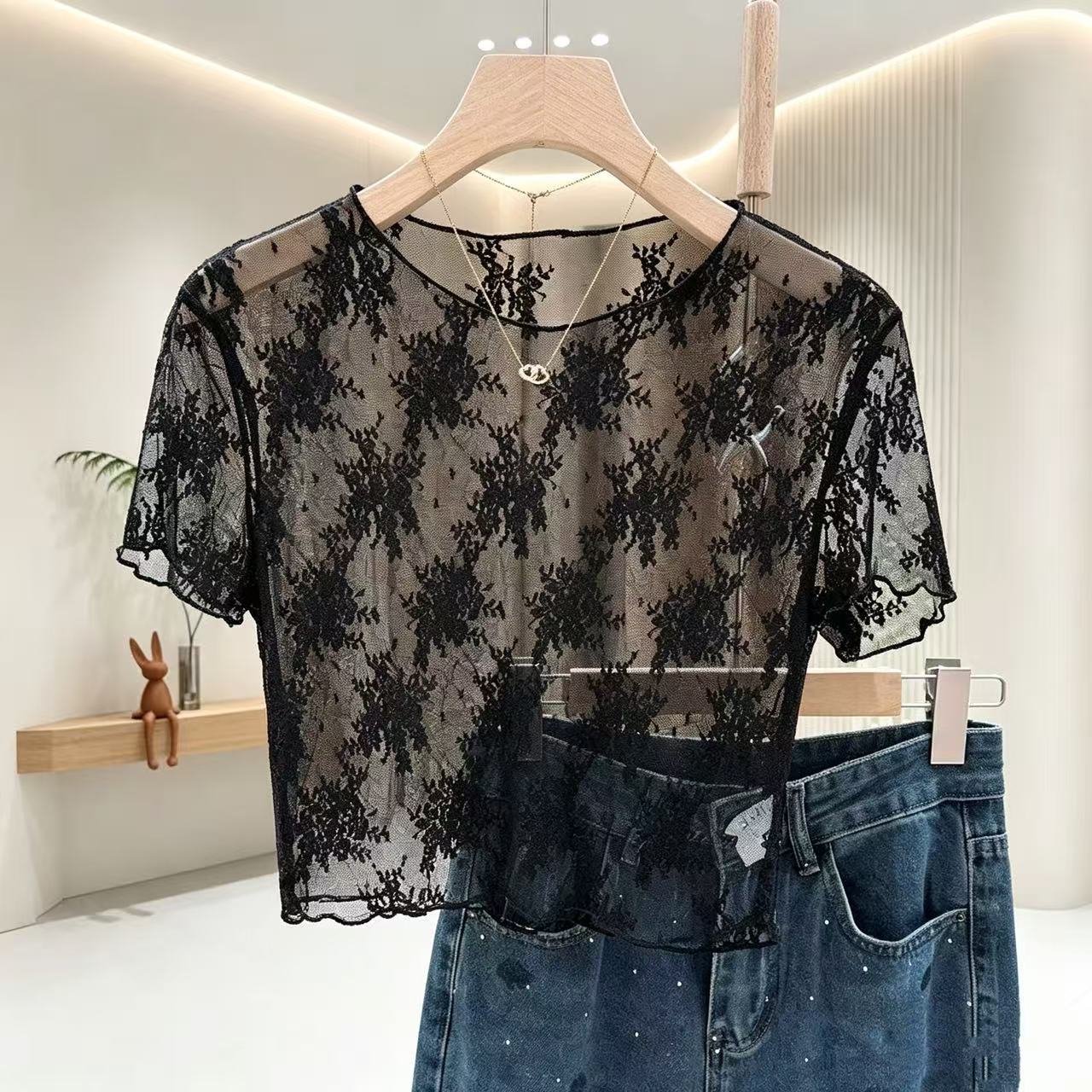 Sexy black lace crop top, sheer mesh short-sleeved summer camisole dress, layered with sun protection cover-up.