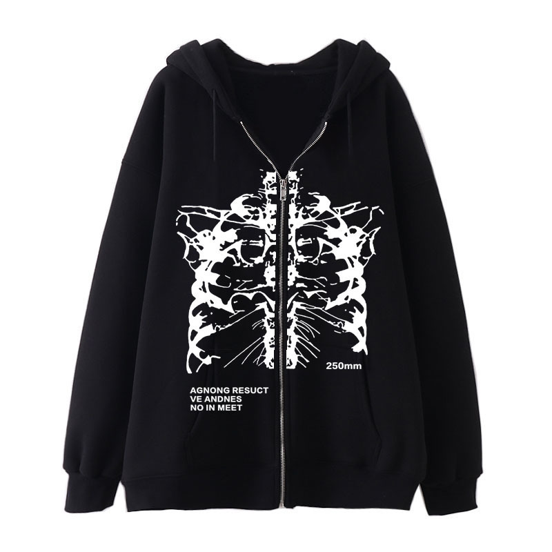 Front Print Long Sleeve Zipper Sweatshirt Autumn Winter Casual Top Drawstring Fashion Hoodie_voghion.com