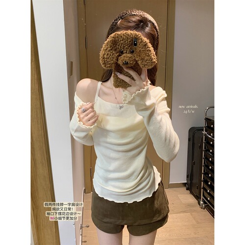 MR [Original Quality] Turtleneck Knitted Sweater with Faux Two-Piece Design and Wooden-Edge Trim, Women's Slimming Long-Sleeved Top, Bottoming Shirt