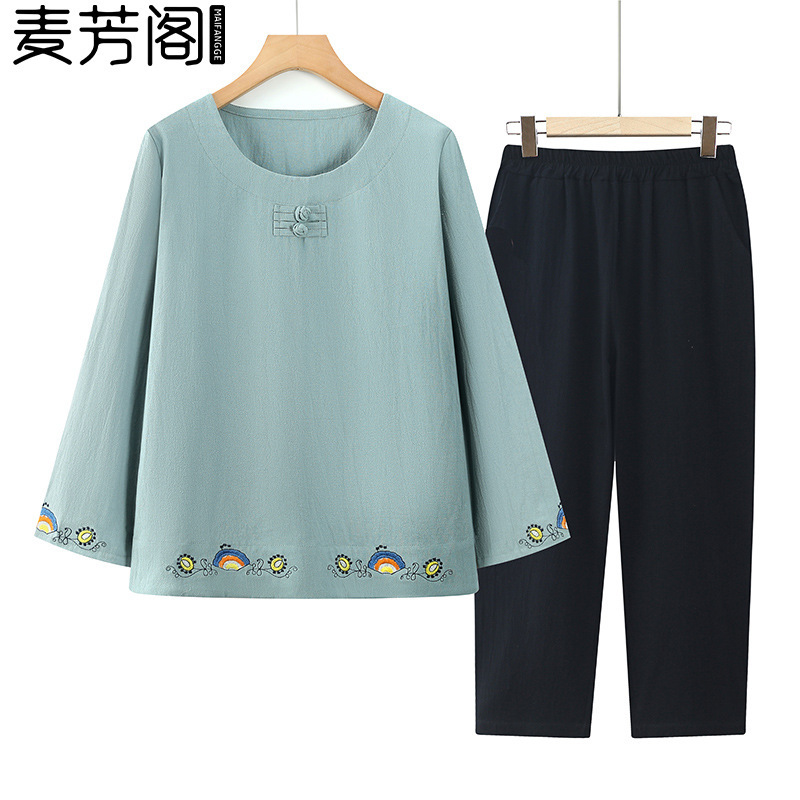 中老年人秋装纯棉套装女奶奶秋季t恤妈妈全棉上衣服老太太两件套|undefined