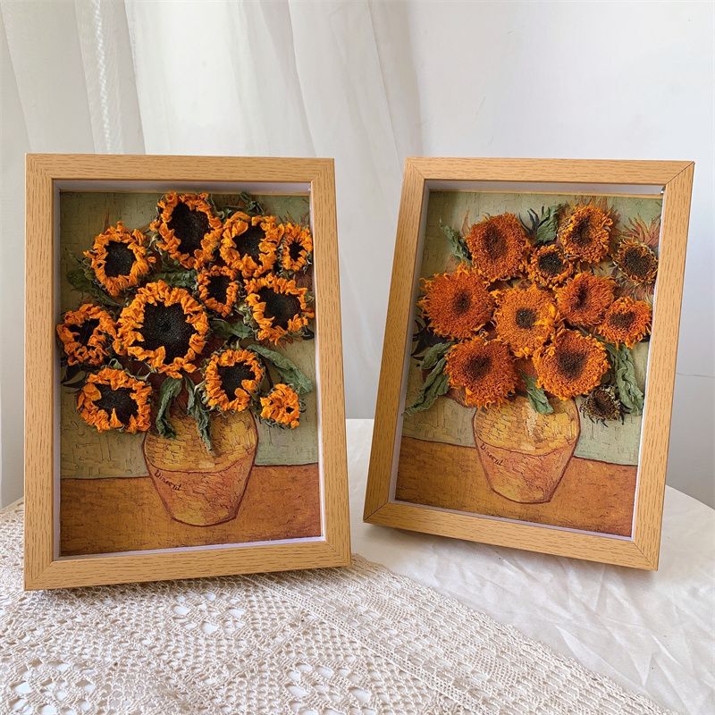 Creative Van Gogh Sunflower Dried Flower Photo Frame Natural Real Flower Retro Wall Decoration Painting Ornaments for Gifts