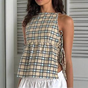 C 47073 Lace-up Plaid Crop Top ���������Ը�С�����羳��