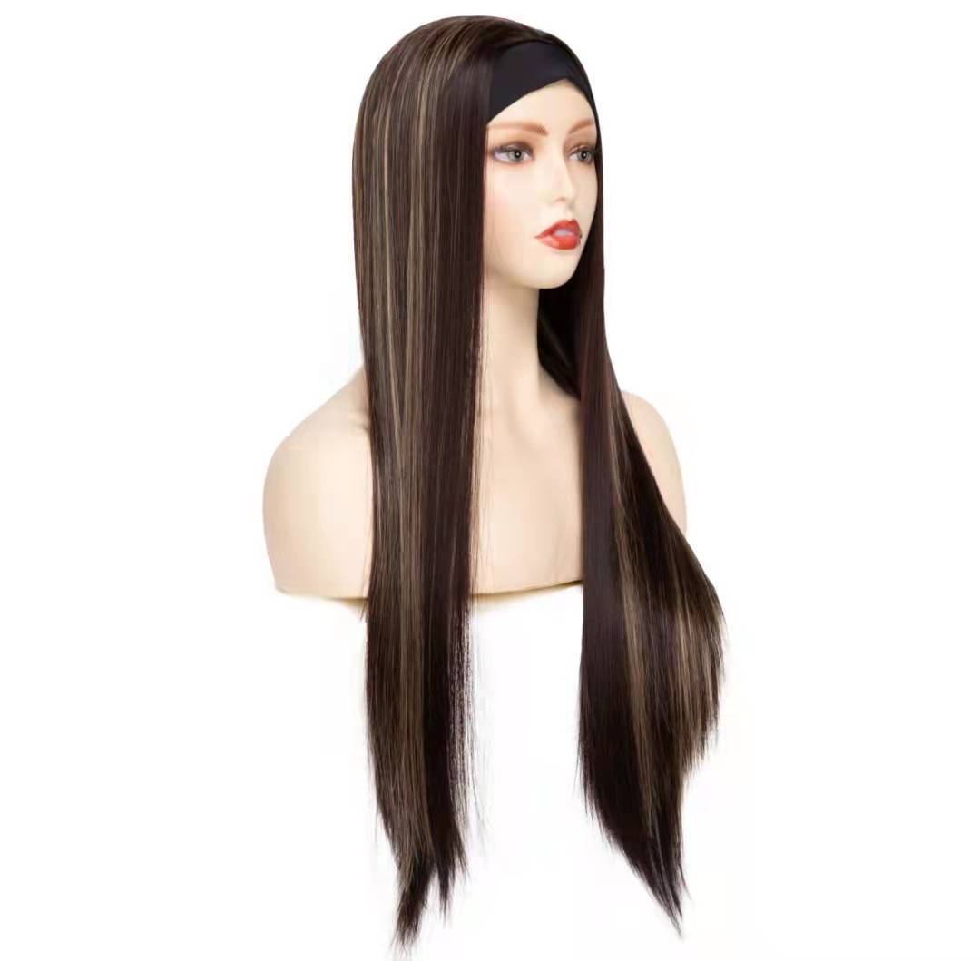  Perruque synthétique en Fiber chimique, perruque en soie glacée, couleur Piano, cheveux longs et lisses, bandeau pour femmes_voghion.com