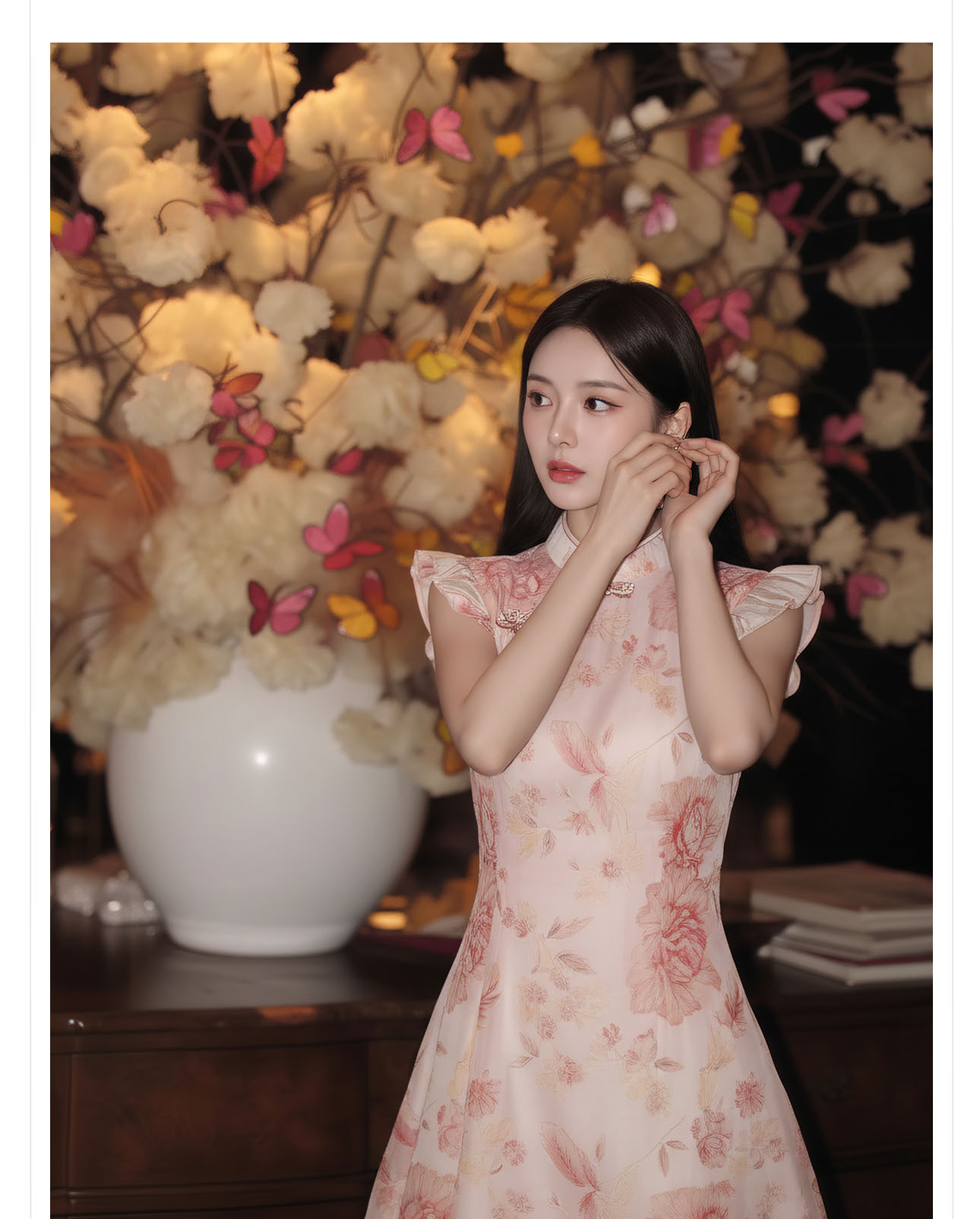 Đầm maxi nữ thắt eo họa tiết hoa nhí tay bèo phong cách Tân Trung Quốc — màu hồng chi tiết 3