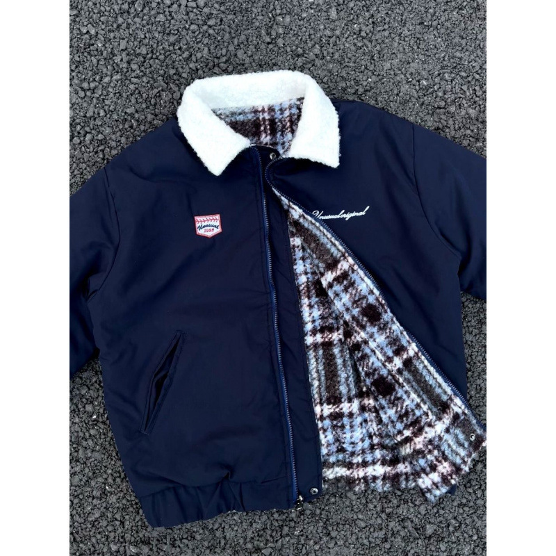 跨境新款复古格纹羊羔绒双面穿秋冬季男女潮牌保暖情侣翻领刺绣款