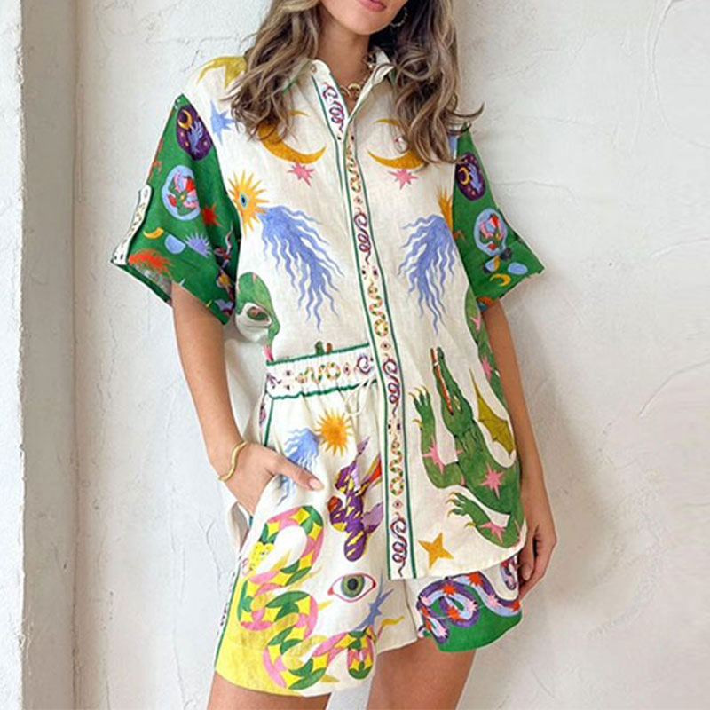 2026 New Spring Women's Clothing European American Fashion Outfit Loose Printed Short-Sleeve Cardigan And Shorts Set_ecoleips.com