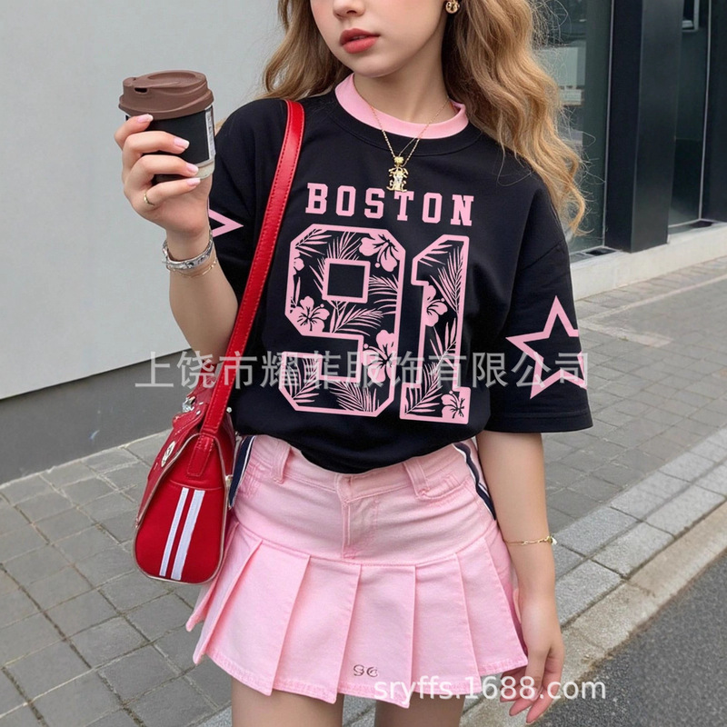 Summer Women's Clothing Imitation Cotton New Jersey American Sweet Street Retro Printed Jersey Women's T-Shirt Round Neck Short Sleeve
