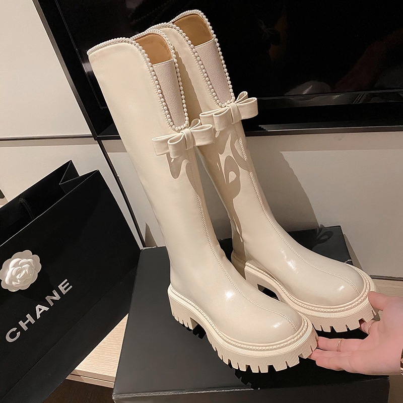 White high boots with bow platform