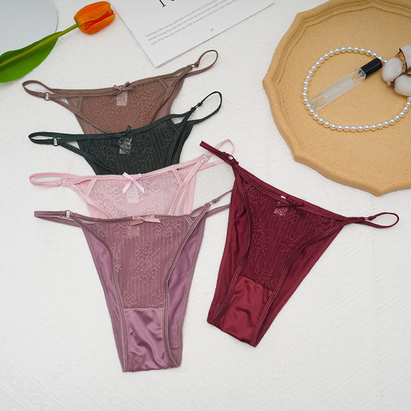 Elegant French-Style Satin Niche Sexy Pure Desire Lace New Girl's Thong with Pure Cotton Crotch, Low-Rise Women's Panties