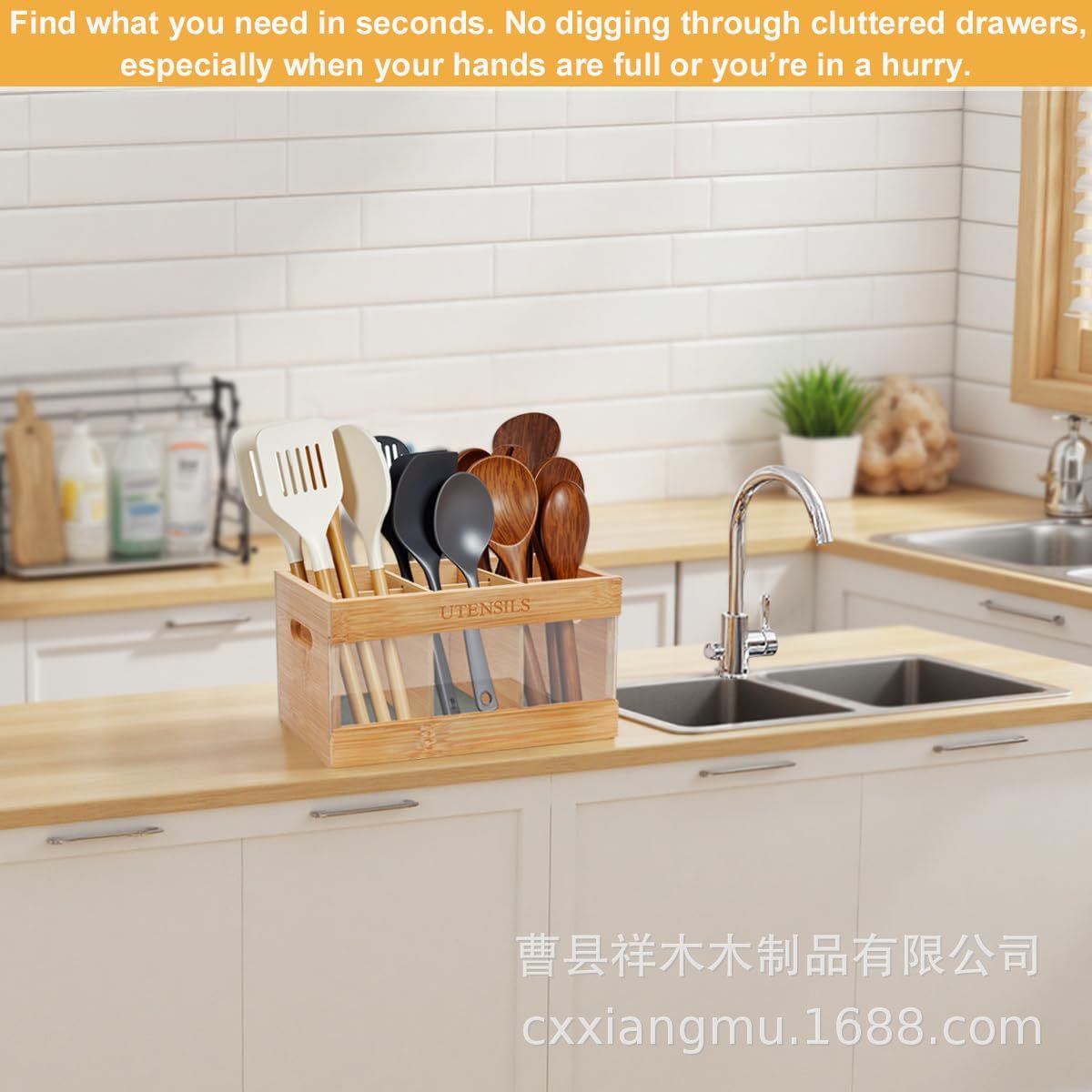 跨境新款厨具收纳盒多格筷子沥水架壁挂式木质厨房分格餐具置物架