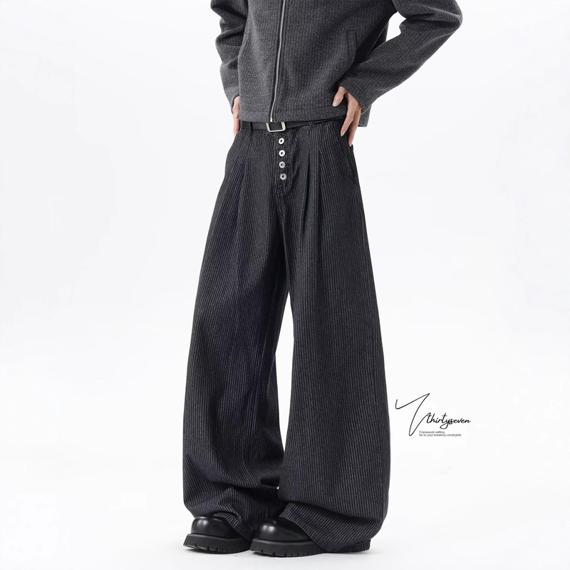 American High-End Buttoned Design Jeans Wide-Leg Trousers Men's High Street Handsome Double Pleated Striped Casual Pants