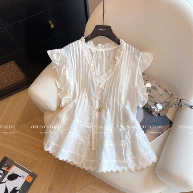 Korean-Style Design Lace Ruffle Collar Small Flutter Sleeve Shirt for Women, Summer Plus-Size Fashion Versatile Top
