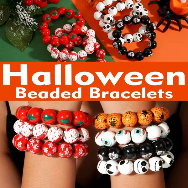Cross-Border Creative Halloween Wooden Bead Bracelets, Fashionable Printed Wooden Bead Halloween Bracelets, Women's Accessories Wholesale