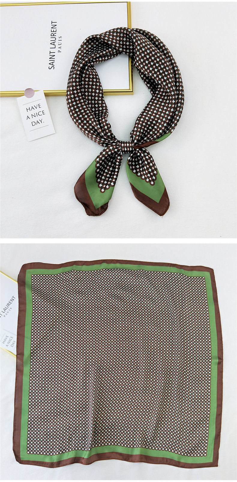 50g Weight Silk Scarf Classification Travel Occasion Silk Material Unisex Gender Printing Design Sweet Style Khaki, Grey, Purple, Red, Green, Blue, Camel, Yellow, Black Color Korean Printing Silk Square Scarf Wholesale 29