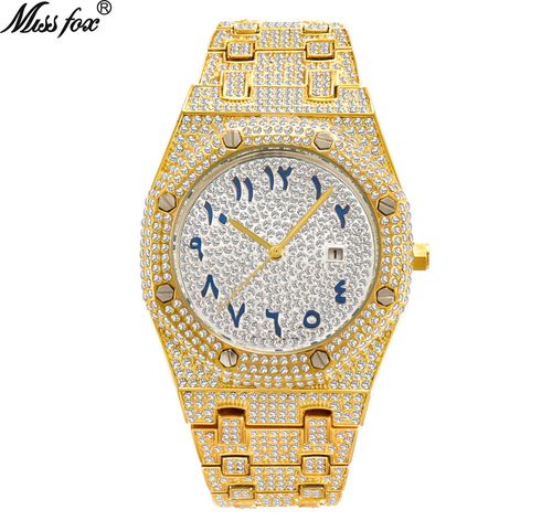 MISSFOX watch brand European and American hip-hop high-end full diamond waterproof calendar men's watch drop shipping