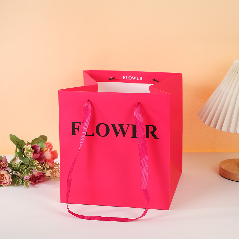 빨간색 FLOWER 25*25*25, 흰색 판지, 꽃 핸드백