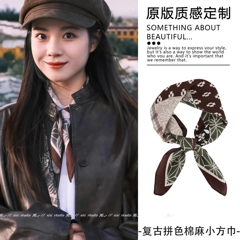 Vintage Cotton and Linen Small Square Scarf, Herringbone Pattern Silk Scarf, Versatile Square Scarf, Belt Scarf, Clothing Matching Neck Scarf Wholesale