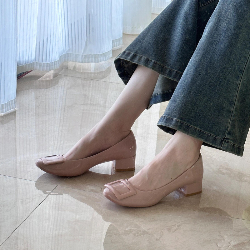 Sheepskin Version ~ Square Toe Thick Heel Flats for Women, French Evening Style with Skirt, Evening Shoes, Nude Pink Shallow Mouth Commuter Women's Shoes