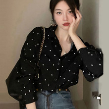 韩国复古赫本风翻领外穿波点春秋上衣宽松休闲百搭长袖衬衫女