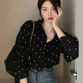 韩国复古赫本风翻领外穿波点春秋上衣宽松休闲百搭长袖衬衫女