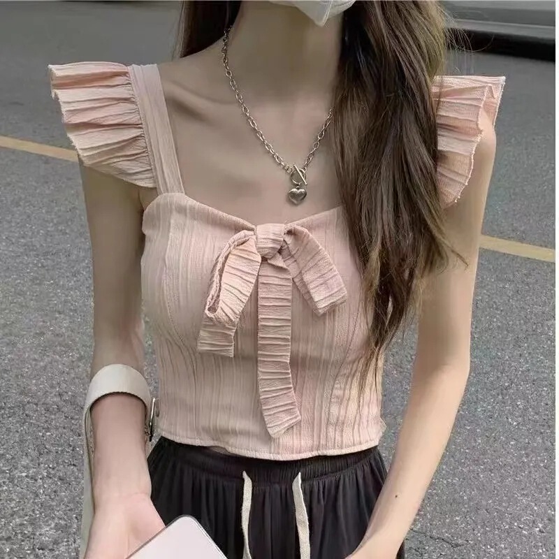 French Style Caring Machine Small Flying Sleeve Short Navel Camisole Women's Bow Tie-up Slim-fit Slim-fit Strapless Vest for Summer French Style Caring Machine Small Flying Sleeve Short Navel Camisole Women's Bow Tie-up Slim-fit Slim-fit Strapless Vest for Summer