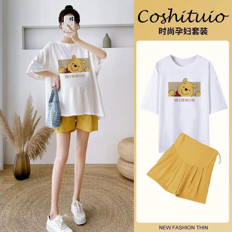 Cute Pooh bear ins short sleeve pregnant women's summer clothes two-piece casual loose belly covering summer trendy mom top suit