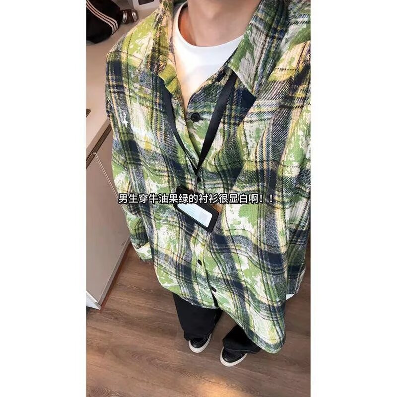 Tie-Dye Green Plaid Shirt Men's Long-Sleeved Spring and Autum Cleanfit Shirt Design High-End American Jacket