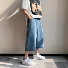 港风复古夏季新款牛仔裤男潮流ins宽松直筒裤学生纯色帅气七分裤