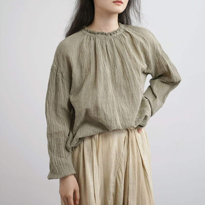 Original 25 Spring and Summer Retro Flower Collar Linen Wrinkle Casual Shirt Old Artistic Wrinkle Linen Top S25051