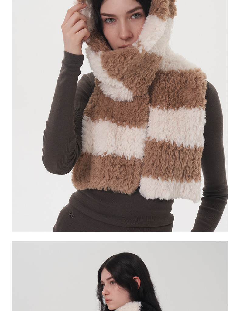Women's Scarves Soft striped two-color plush scarf for women winter new warm thickened versatile cute knitted scarf scarf_voghion.com