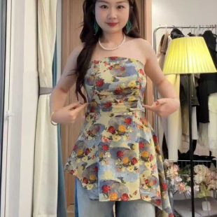 Plus Size Fat mm French Retro Oil Painting Tube Top Women's Summer Camisole Slim Fit Asymmetrical Design Sweet and Spicy Top