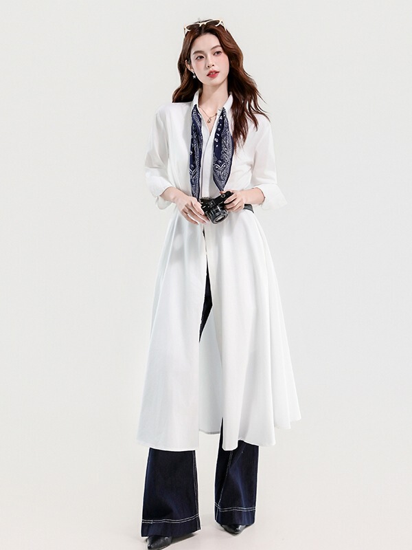 Real Shot of a Relaxed, Simple, Versatile Long Shirt Dress for Autumn, Paired with a Silk Scarf and Belt