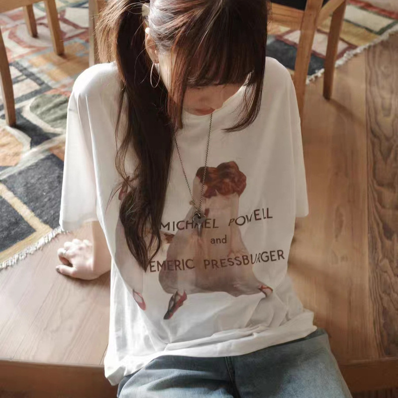 Mona·Xh 2026 Spring New Korean Version Fletta Designer's Same Style Ballet Girl Print Short Sleeve T-Shirt for Women