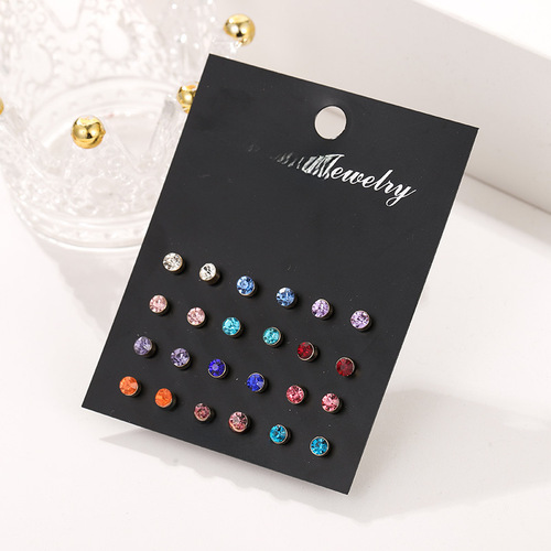 Cross-border popular 20 pairs set earrings, fashionable large pearl inlaid 12 pairs colorful diamond set earrings, popular earrings
