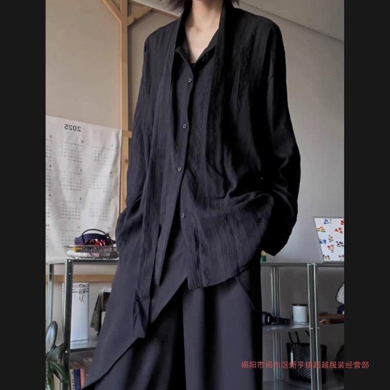 2025年新中式休闲镂空飘带长袖衬衫男女同款情侣外套秋季上衣服