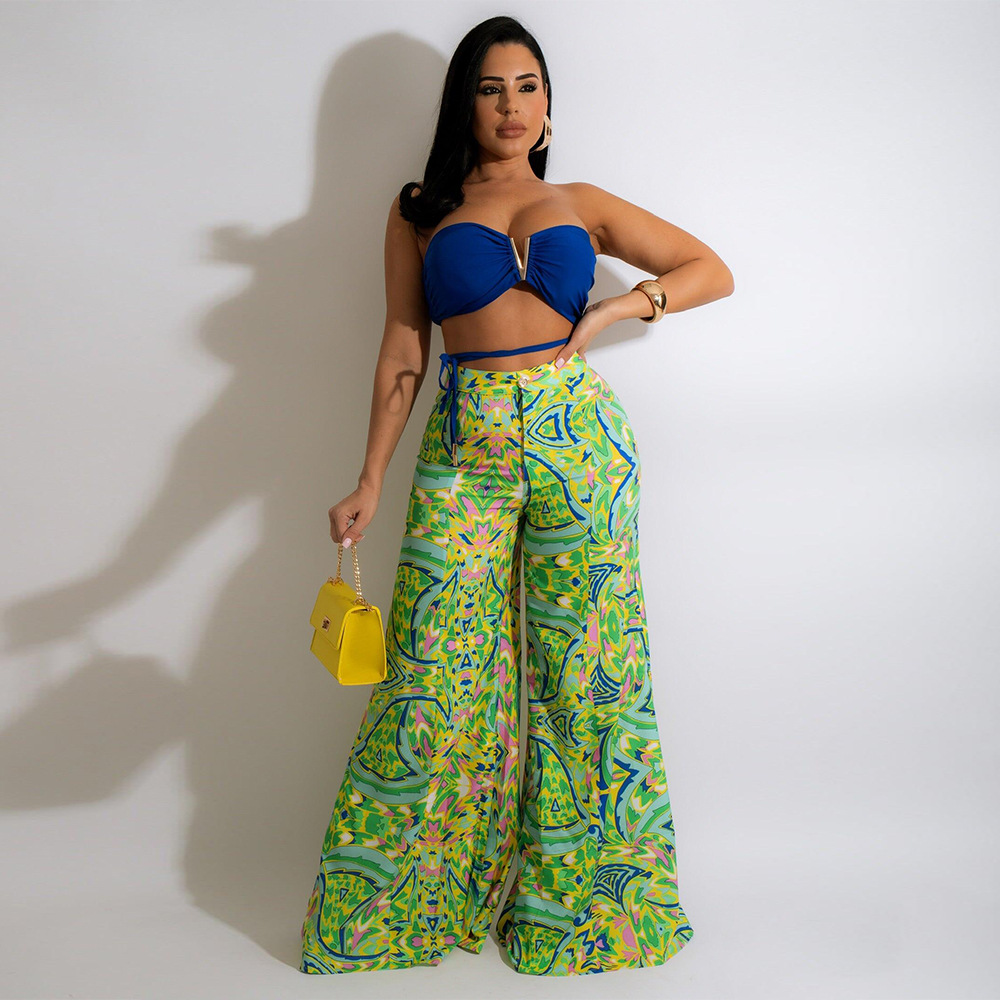 solid color V-neck tube top printed wide-leg trousers set NSSFY121267