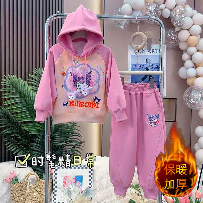 소녀의 가을과 겨울 기모 중년 어린이 및 어린이 인터넷을위한 서양식 세트 유행하는  소녀의 투피스 쿨로 미 땀 세트를 축하합니다.