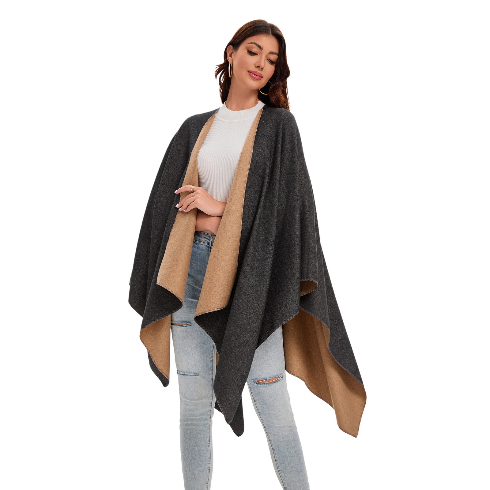 Otoño y invierno damas monocromático imitación de cachemira frente abertura capa capa capa doble cara se puede usar capa cálida Amazon venta caliente