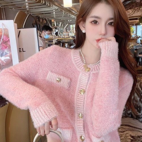 High-quality faux mink cashmere lightweight knitted sweater with soft and feminine style, beautiful pink chiffon, regular size