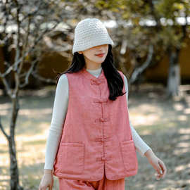 复古新中式夹棉加厚亚麻盘扣马甲女2026秋冬新款宽松无袖坎肩背心