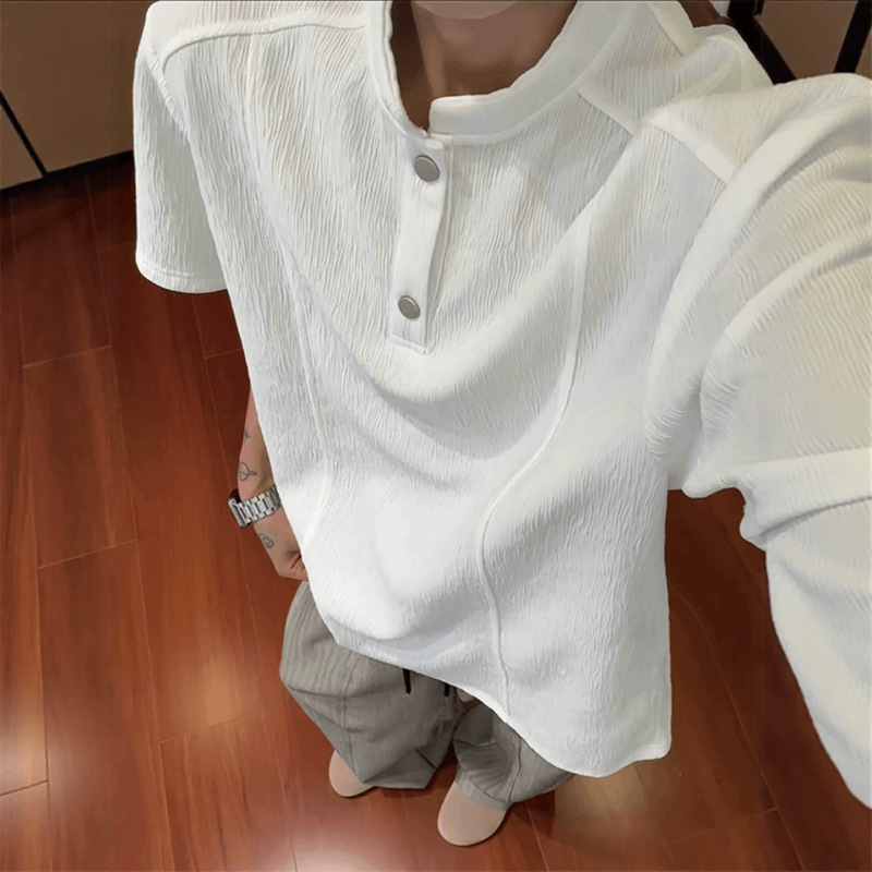 【Tree Bark Pattern T-Shirt】Old Money Style Henley Collar Regular Shoulder Short Sleeve Men's Summer American High-End Loose Fit Polo Shirt