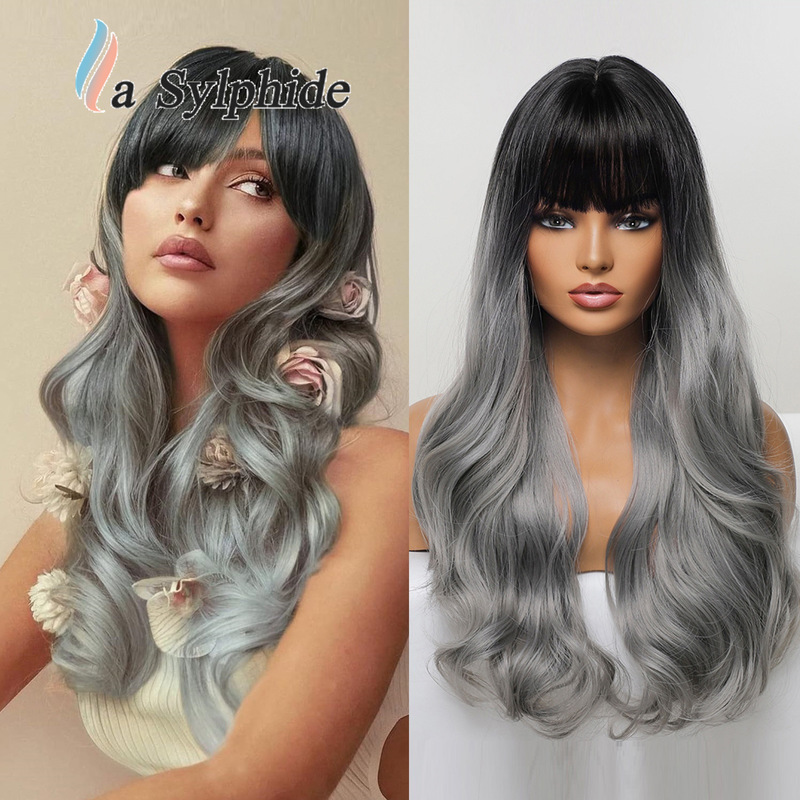 Wigs wig with neat bangs dark brown long curls hair chemical fiber mechanism simulation rose net high temperature silk Amazon