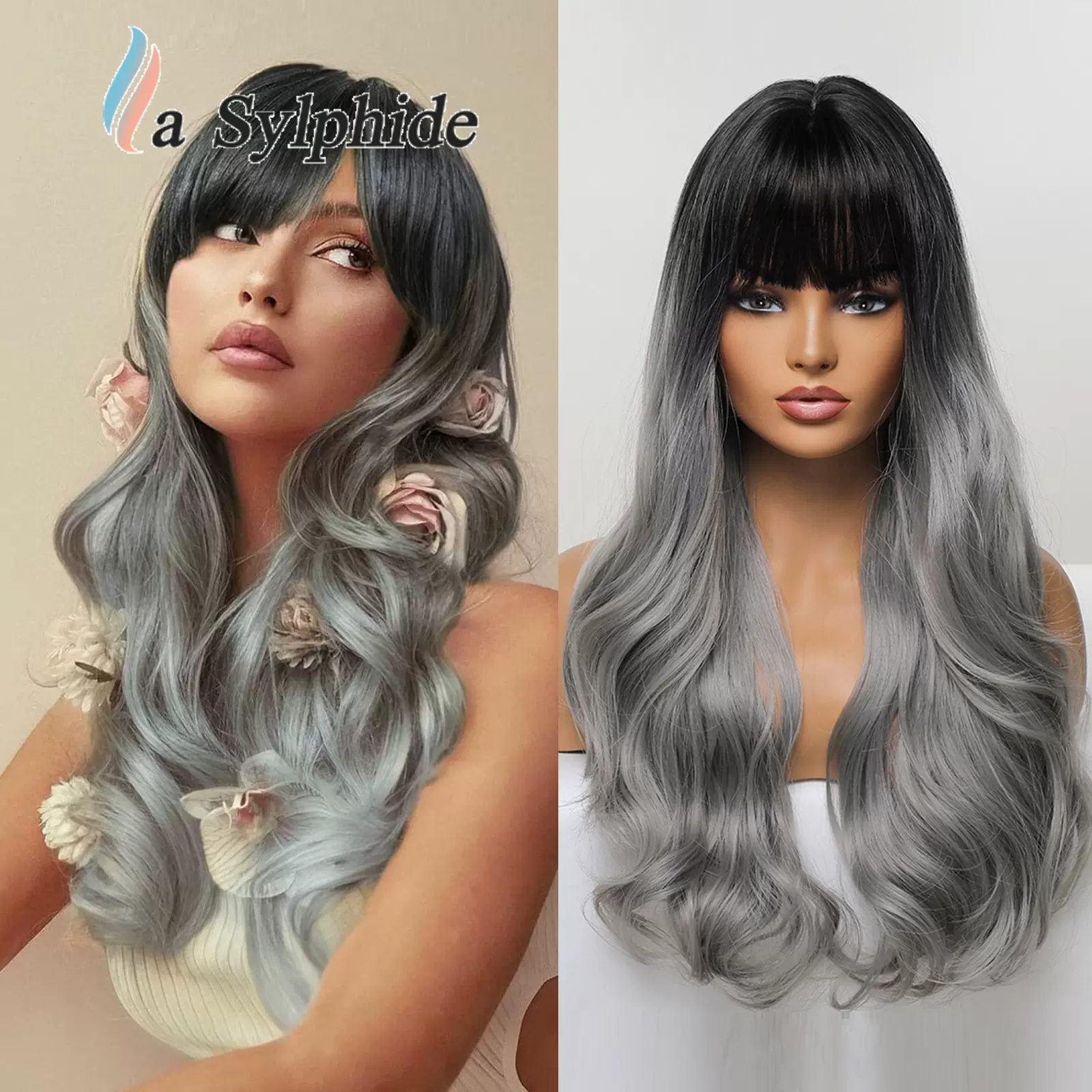 Wigs假发齐刘海深棕色长卷发hair化纤机制仿真玫瑰网高温丝亚马逊