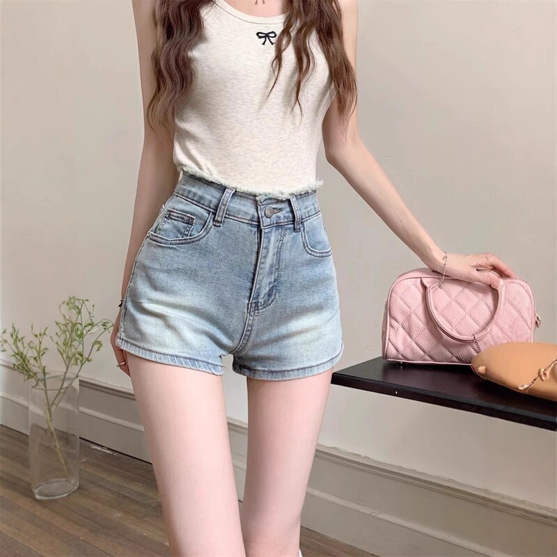 Hot girl pocket embroidered denim shorts for women, new high-waisted plus-size slimming A-line ultra-short tight hot pants